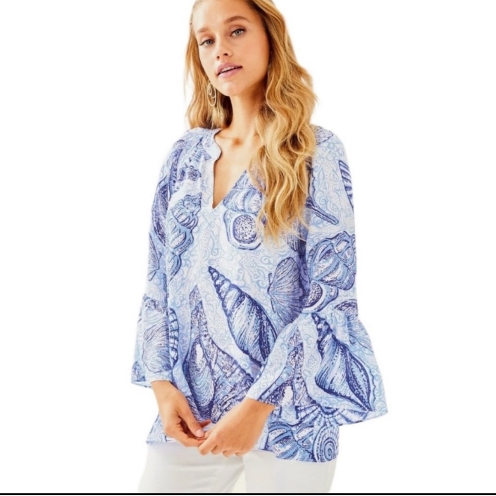 Lilly Pulitzer “Matilda” 100% Silk Blouse with Bell Sleeves.